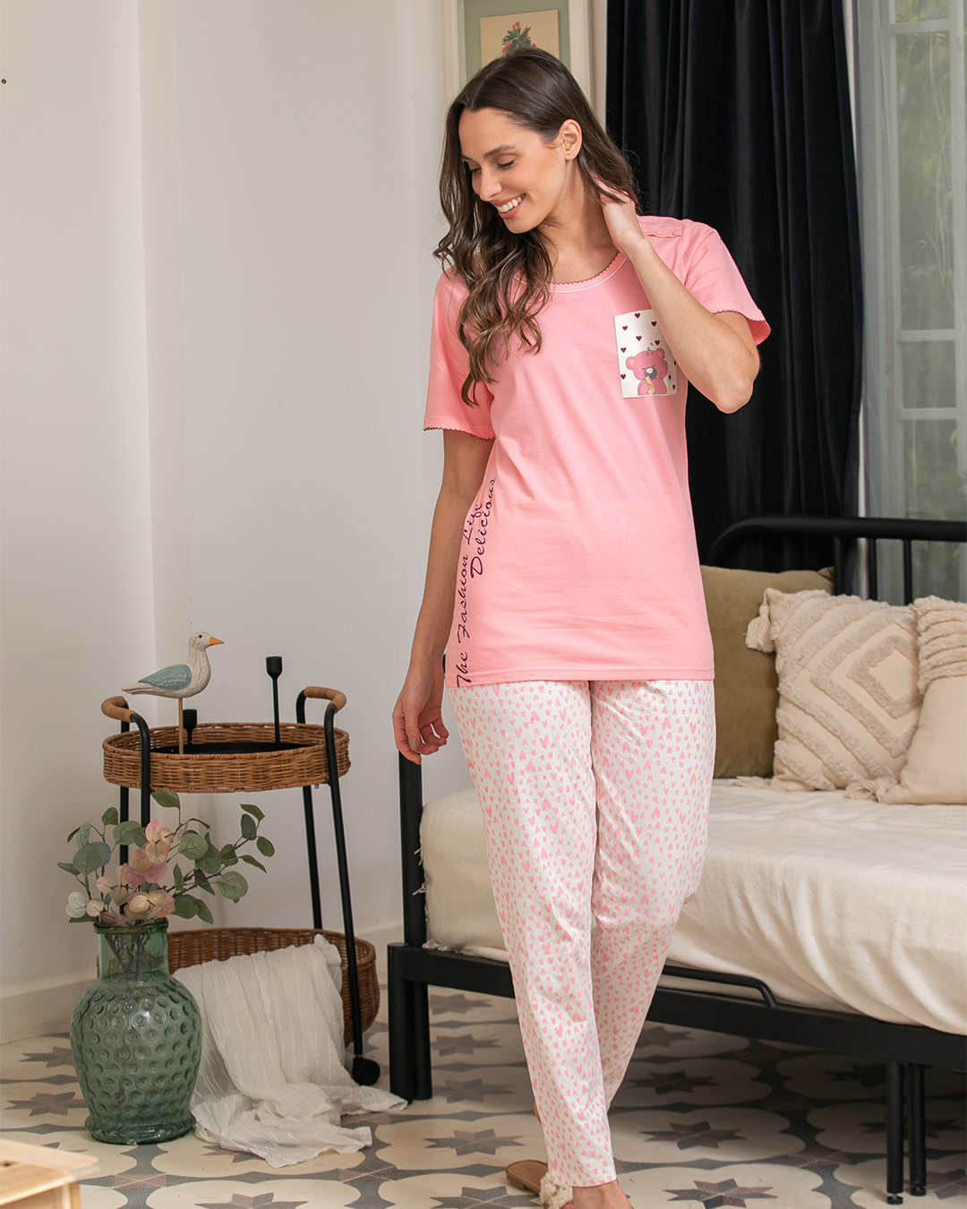 Women's pajamas with hearts on the chest pocket