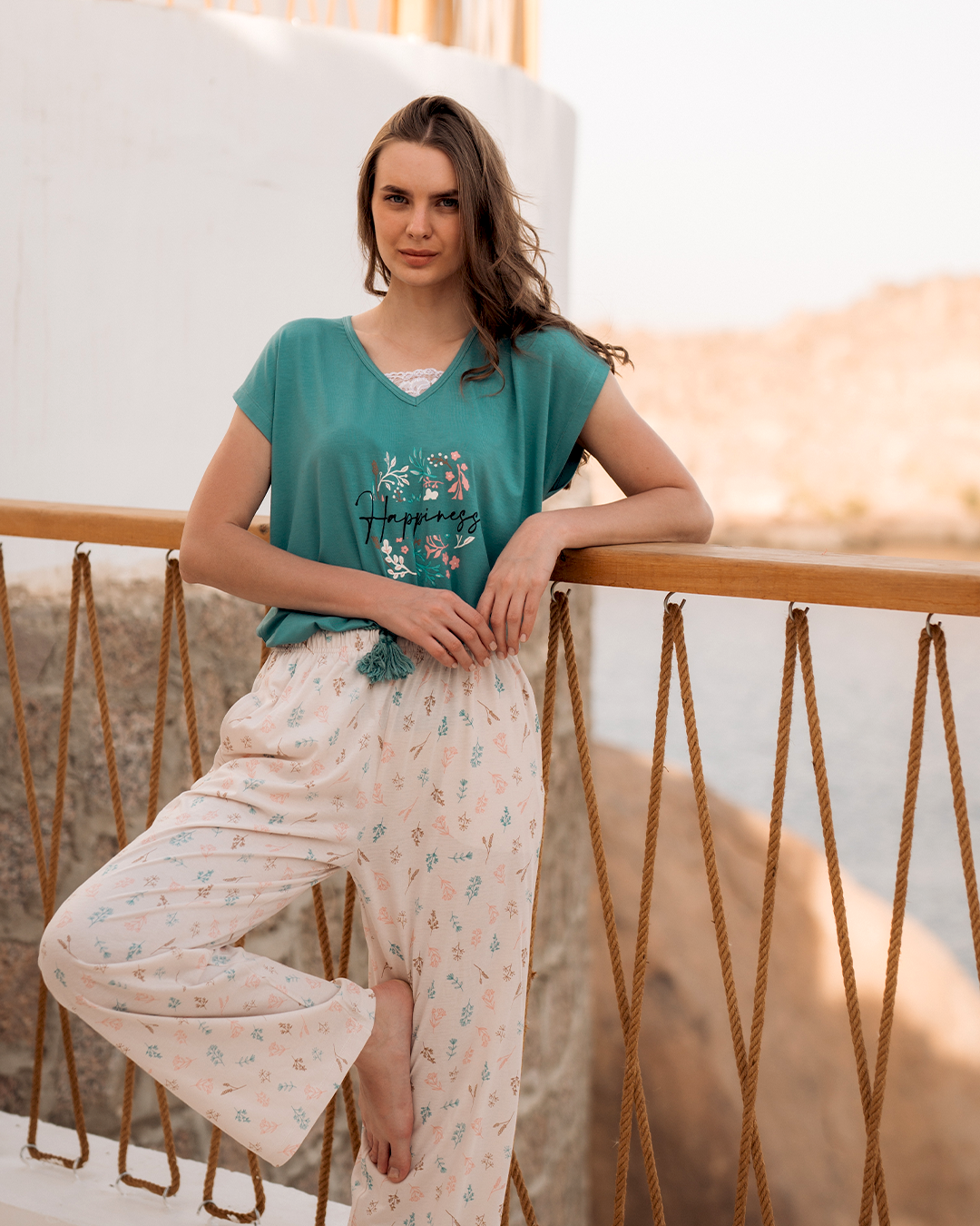 Happinessبيجاما حريمي بنطلون مودال ليكرا