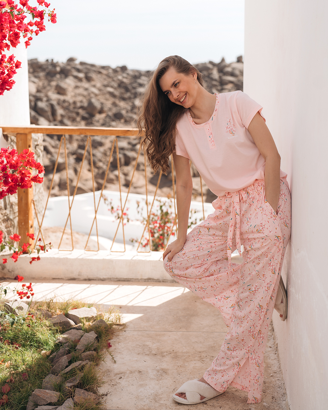 بيجاما حريمي بنطلون مودال مطبوع ورد