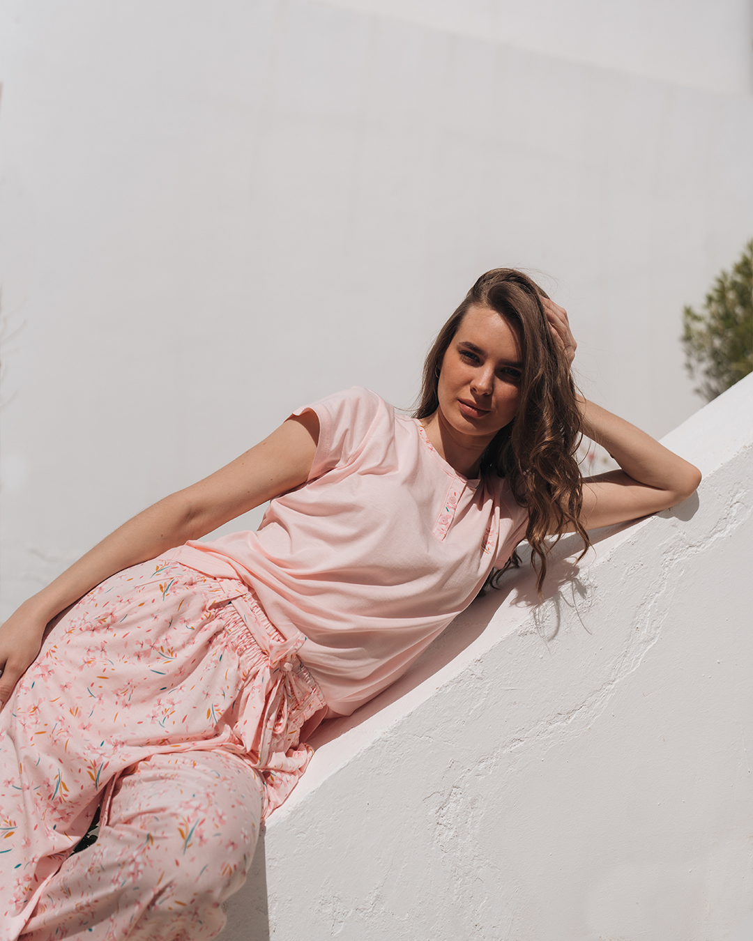 بيجاما حريمي بنطلون مودال مطبوع ورد