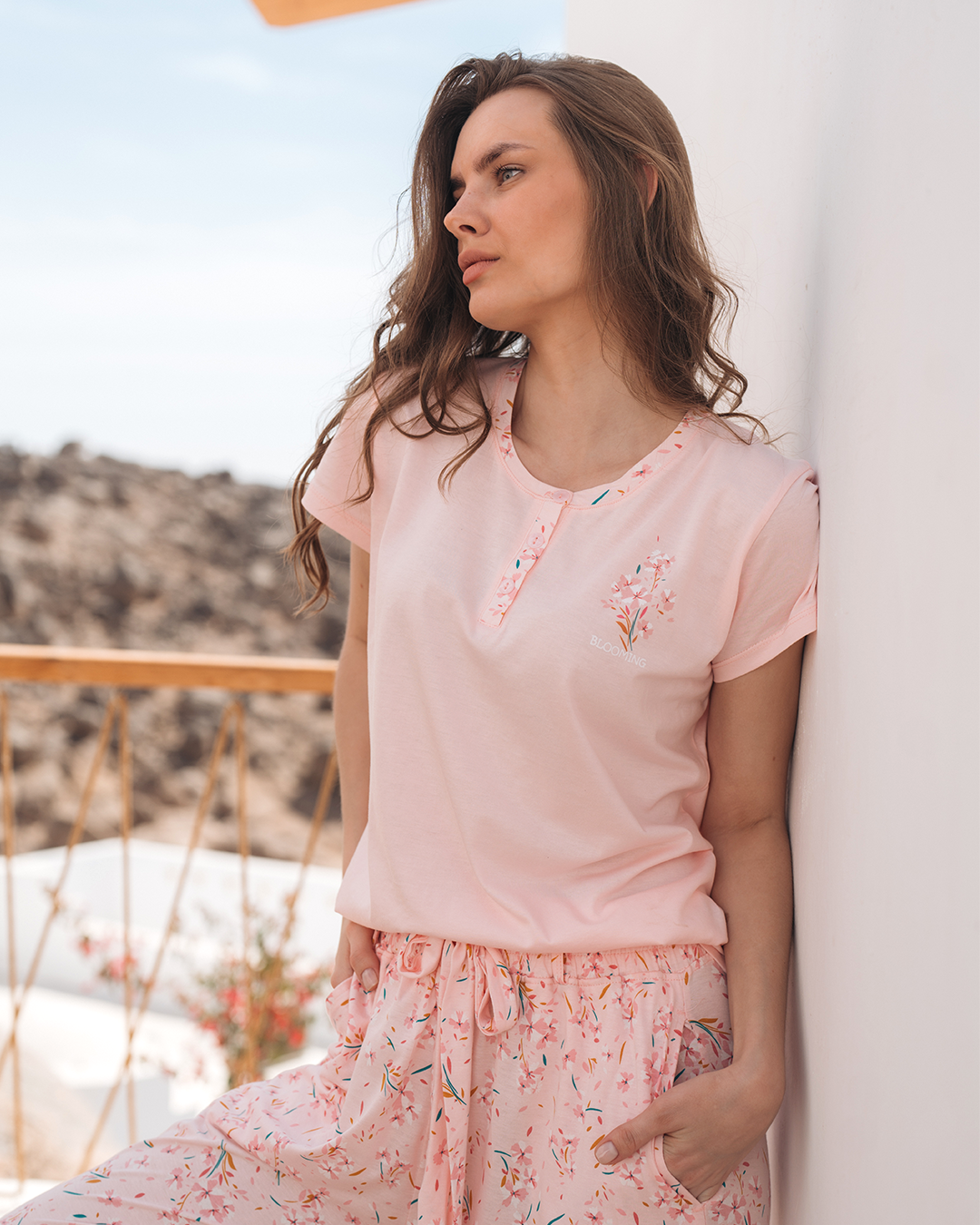 بيجاما حريمي بنطلون مودال مطبوع ورد