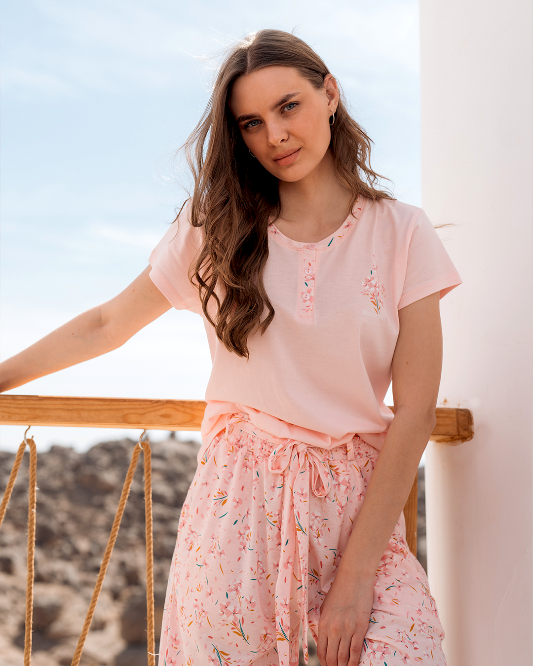 بيجاما حريمي بنطلون مودال مطبوع ورد