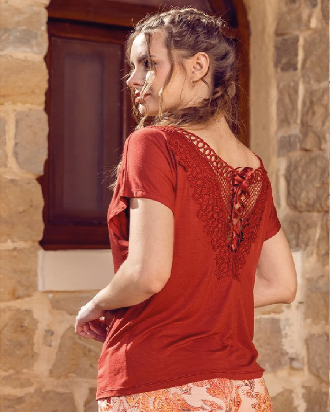 Plain women's pajamas, lace back cut, floral trousers