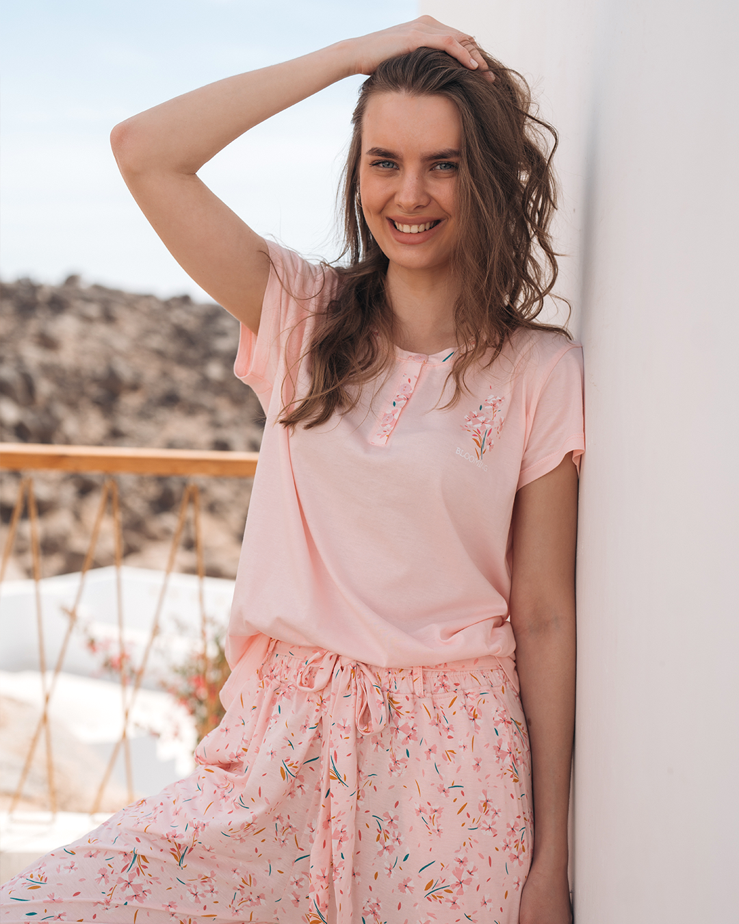 بيجاما حريمي بنطلون مودال مطبوع ورد