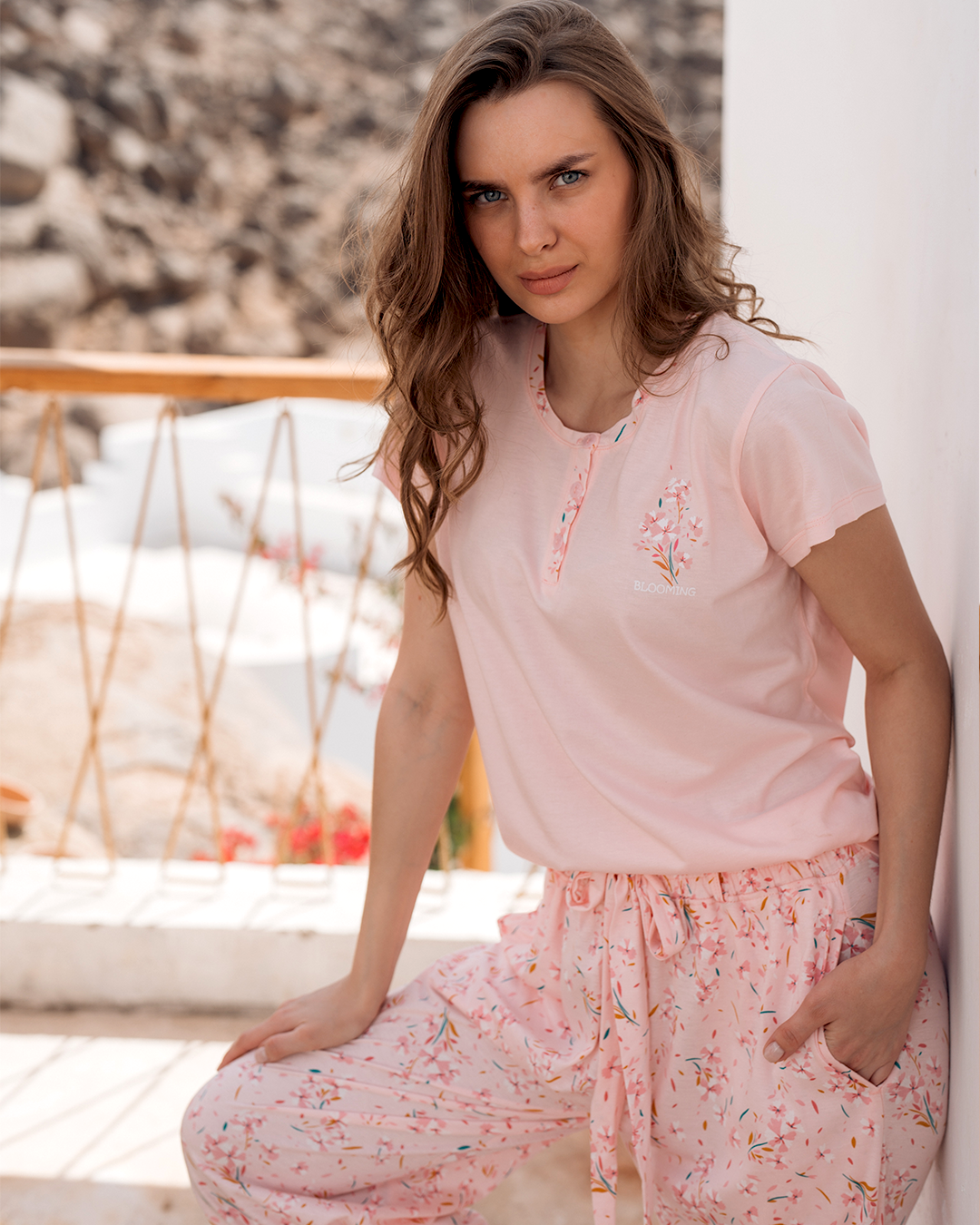 بيجاما حريمي بنطلون مودال مطبوع ورد