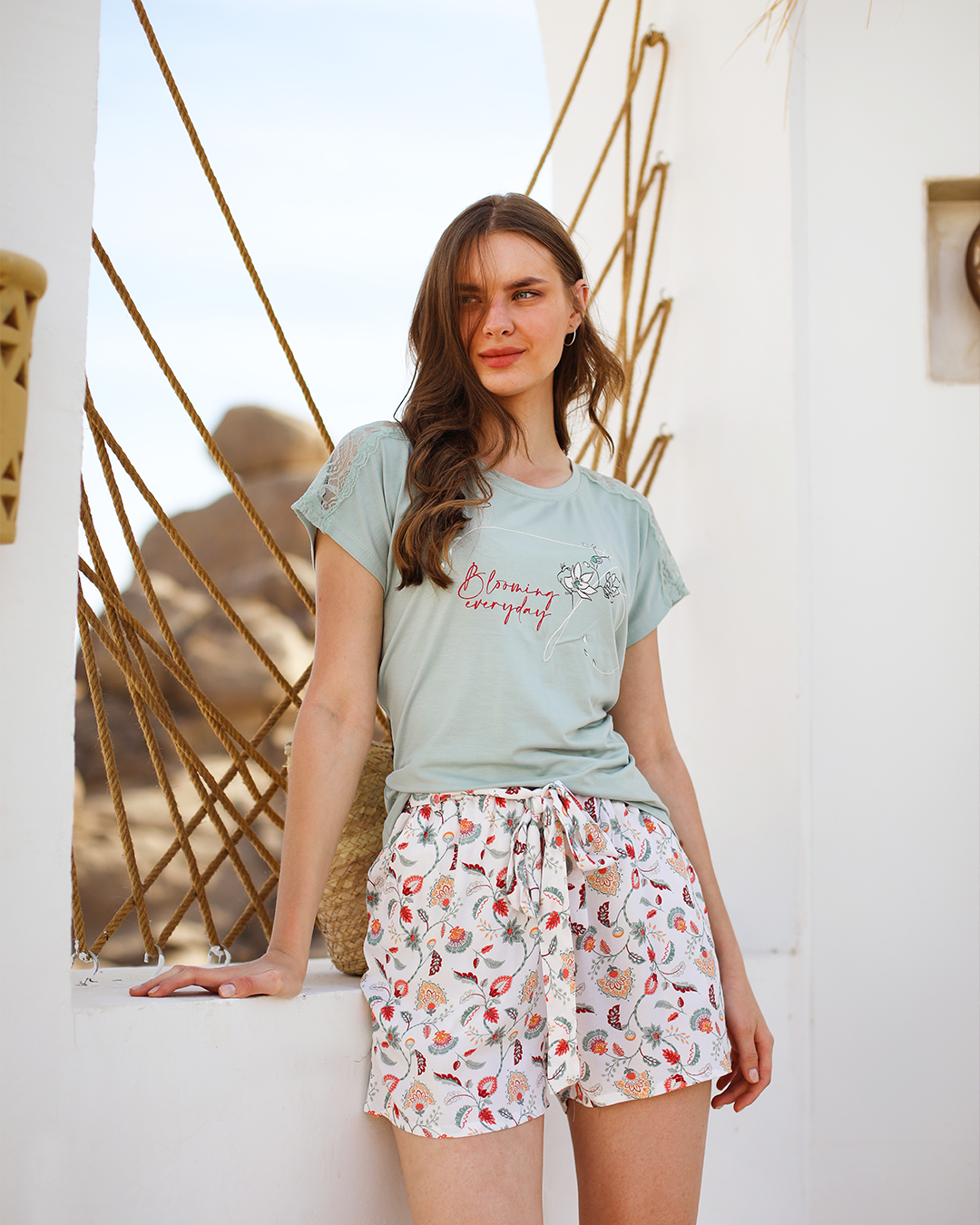 Blooming Everyday بيجاما حريمي شورت فسكوز مطبوع