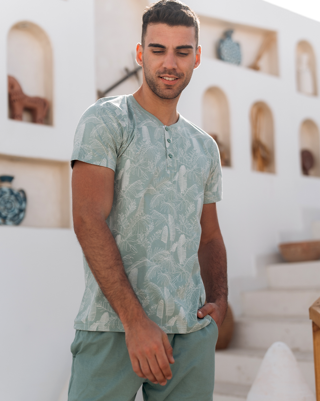 Tropical printed men's pajama shorts