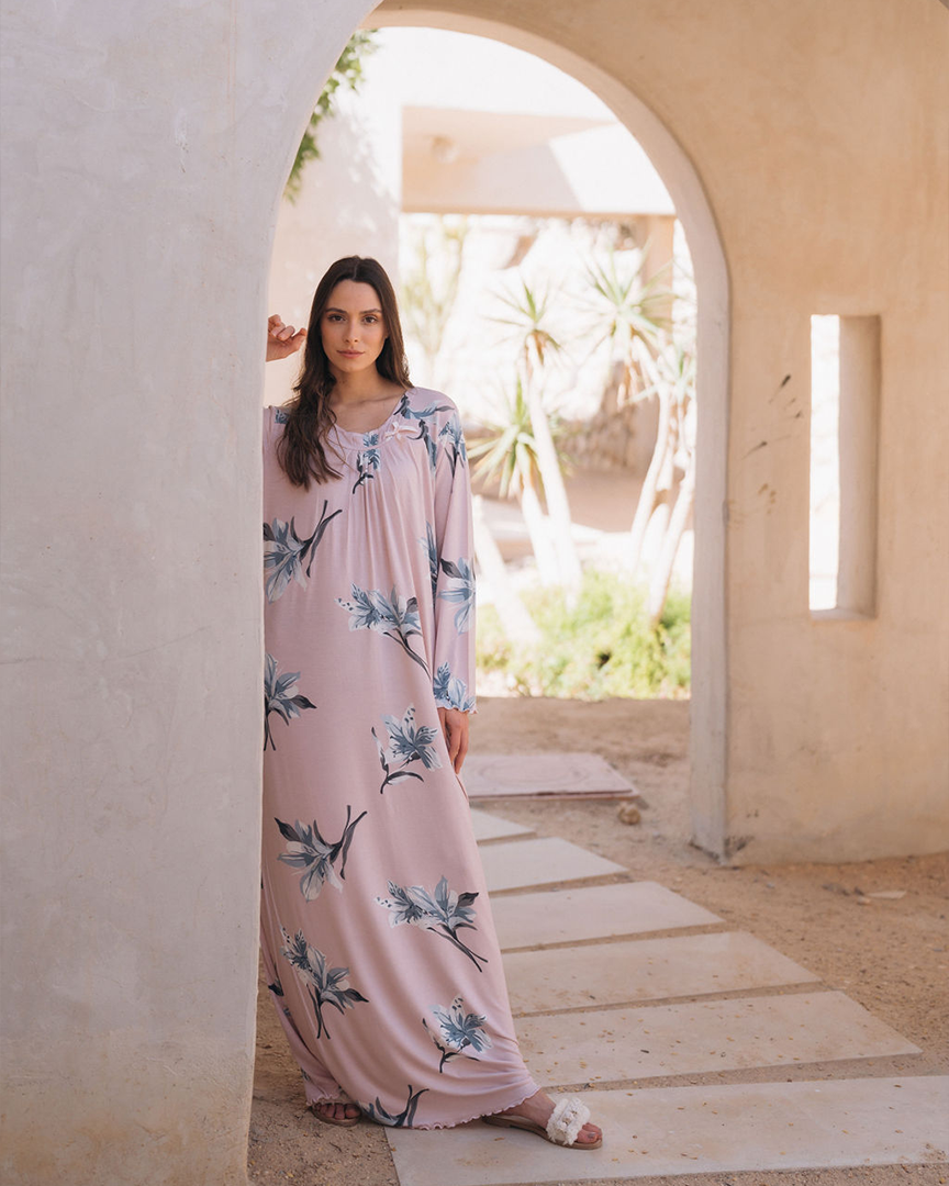 قميص حريمي ورد طويل كسرات بكم