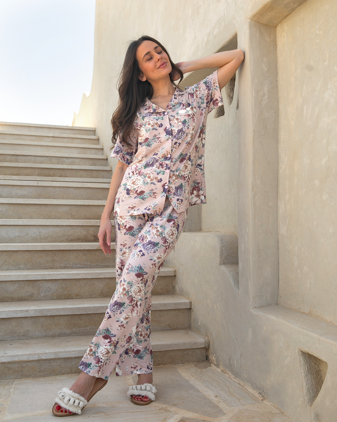 Classic women's pajamas, half sleeves, woodland flowers