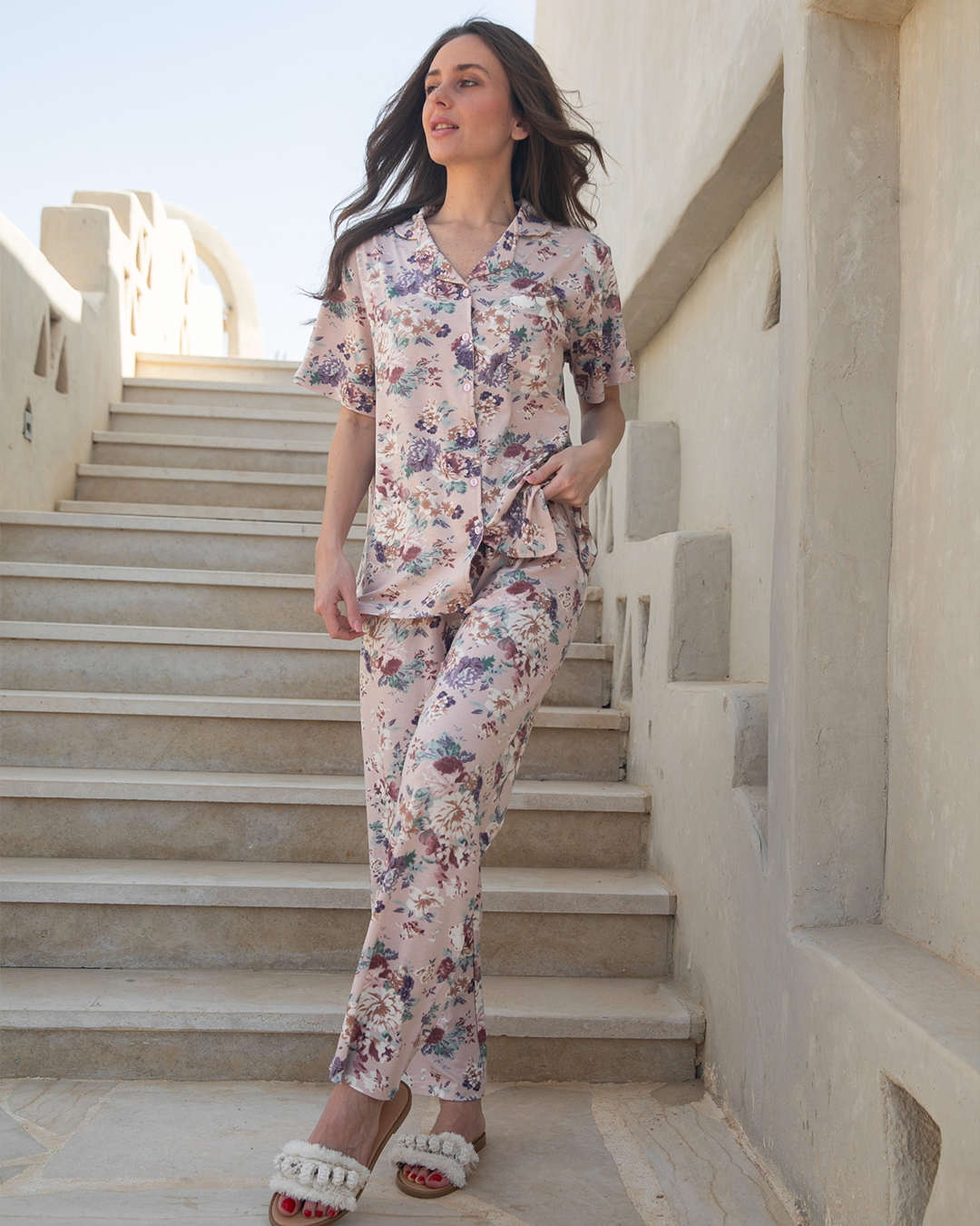 Classic women's pajamas, half sleeves, woodland flowers