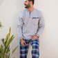 Men's pajamas with a button-up neck and checkered pants