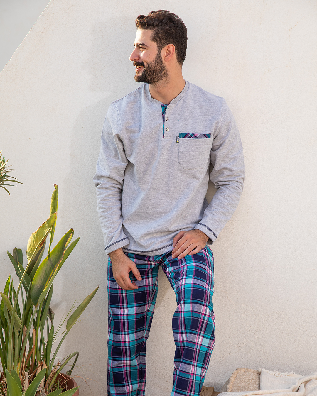 Men's pajamas with a button-up neck and checkered pants