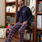 Men's pajamas with a button-up neck and checkered pants