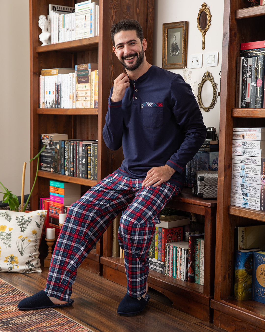 Men's pajamas with a button-up neck and checkered pants