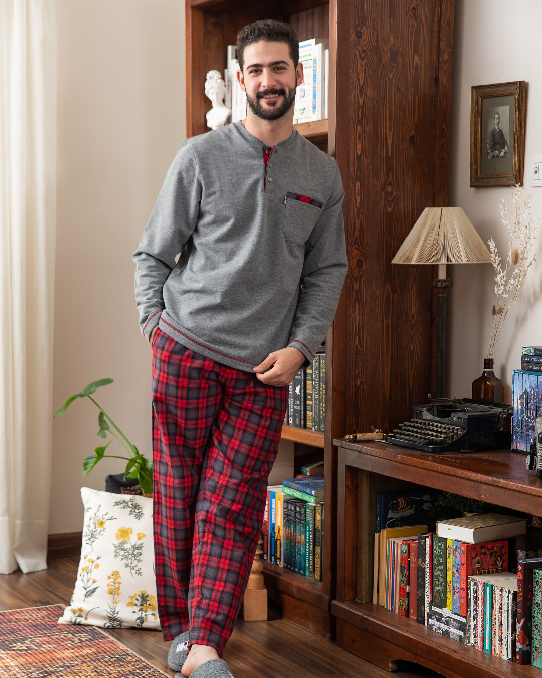 Men's pajamas with a button-up neck and checkered pants