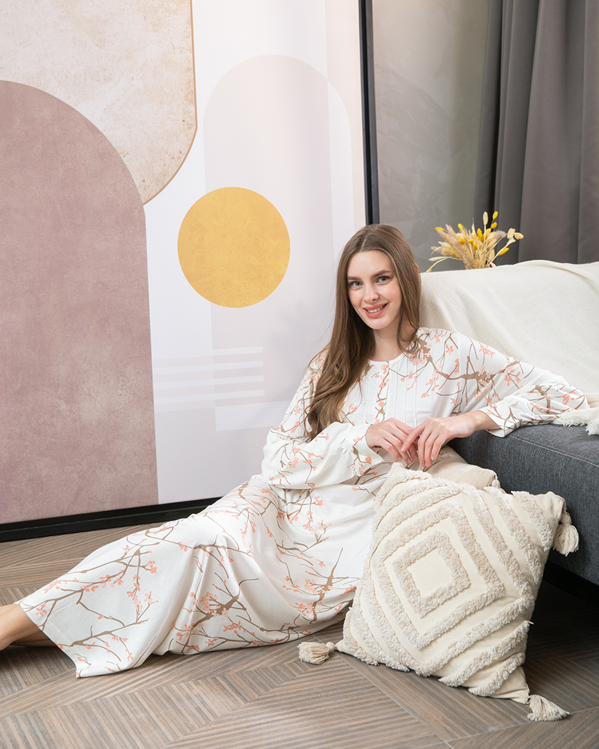 قميص نوم حريمي طويل بكم راوند زراير اوراق الشجر