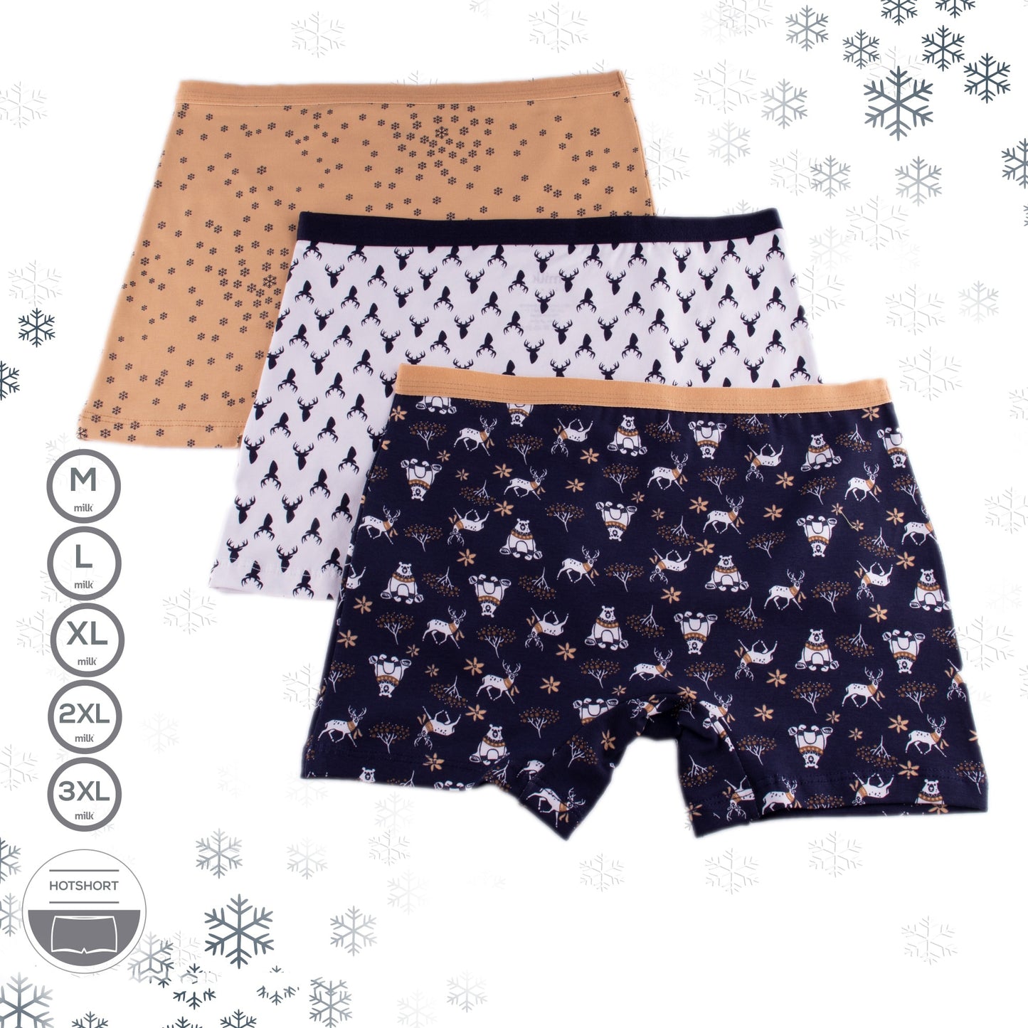 هوت شورت مطبوع 2*1 من Milk: ثلاث قطع بطبعات شتوية أنيقة—بيج بنقاط، أبيض بأشجار سوداء، وكحلي بثلوج ودببة. متوفر بمقاسات M حتى 3XL وقصة هوت شورت عصرية مع زخارف ثلجية لمظهر عصري.