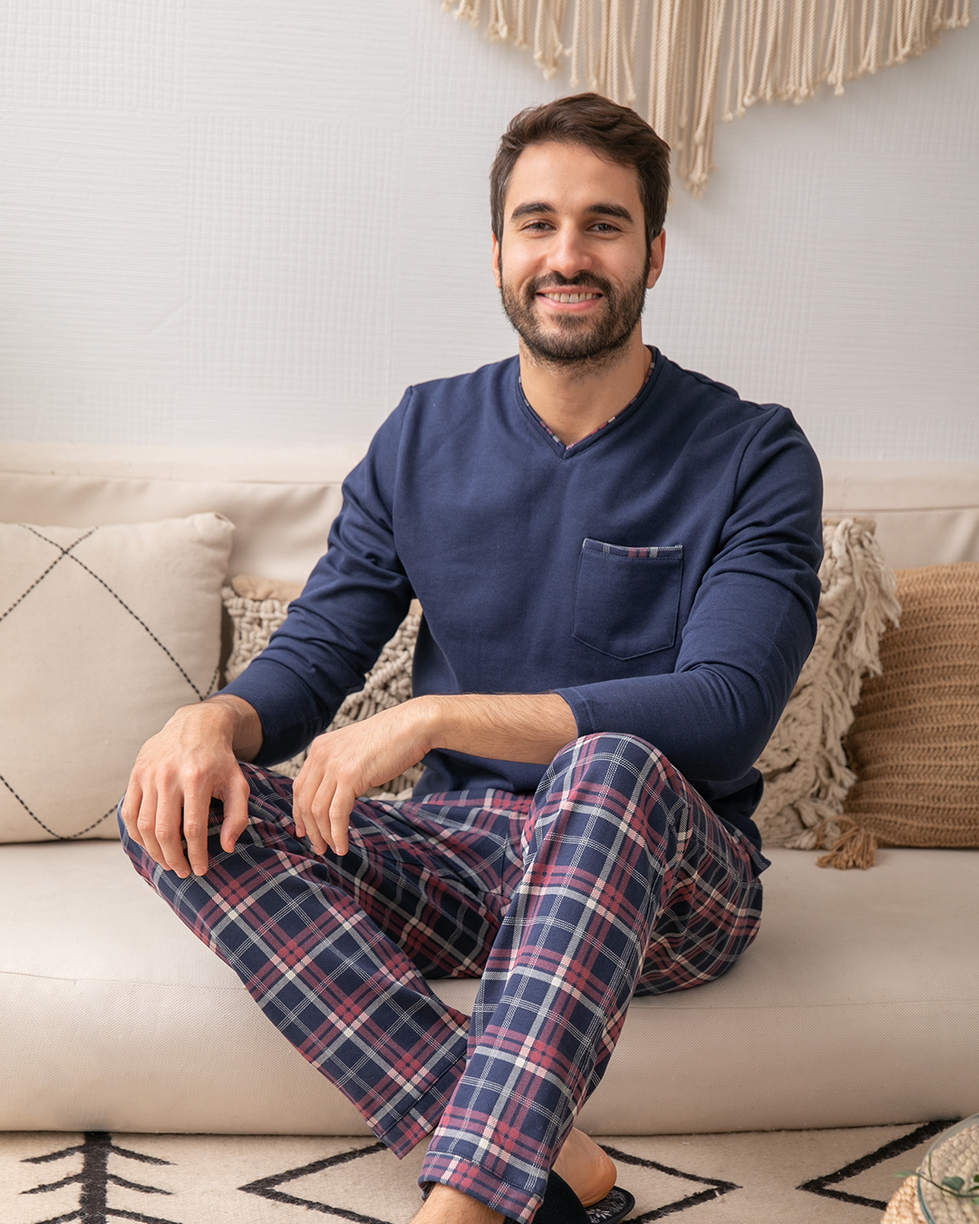 Men's pajamas with a collar and a check on the pocket