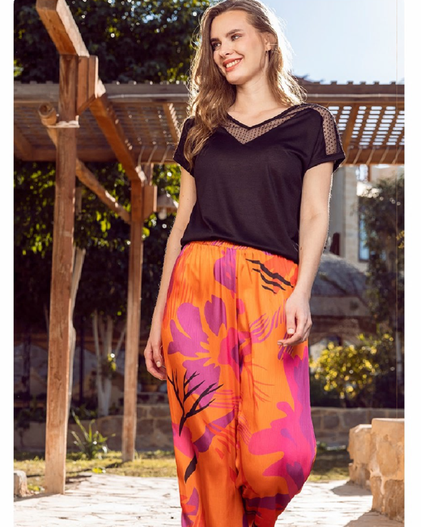 Lace cut, V-neck pajama pants for women