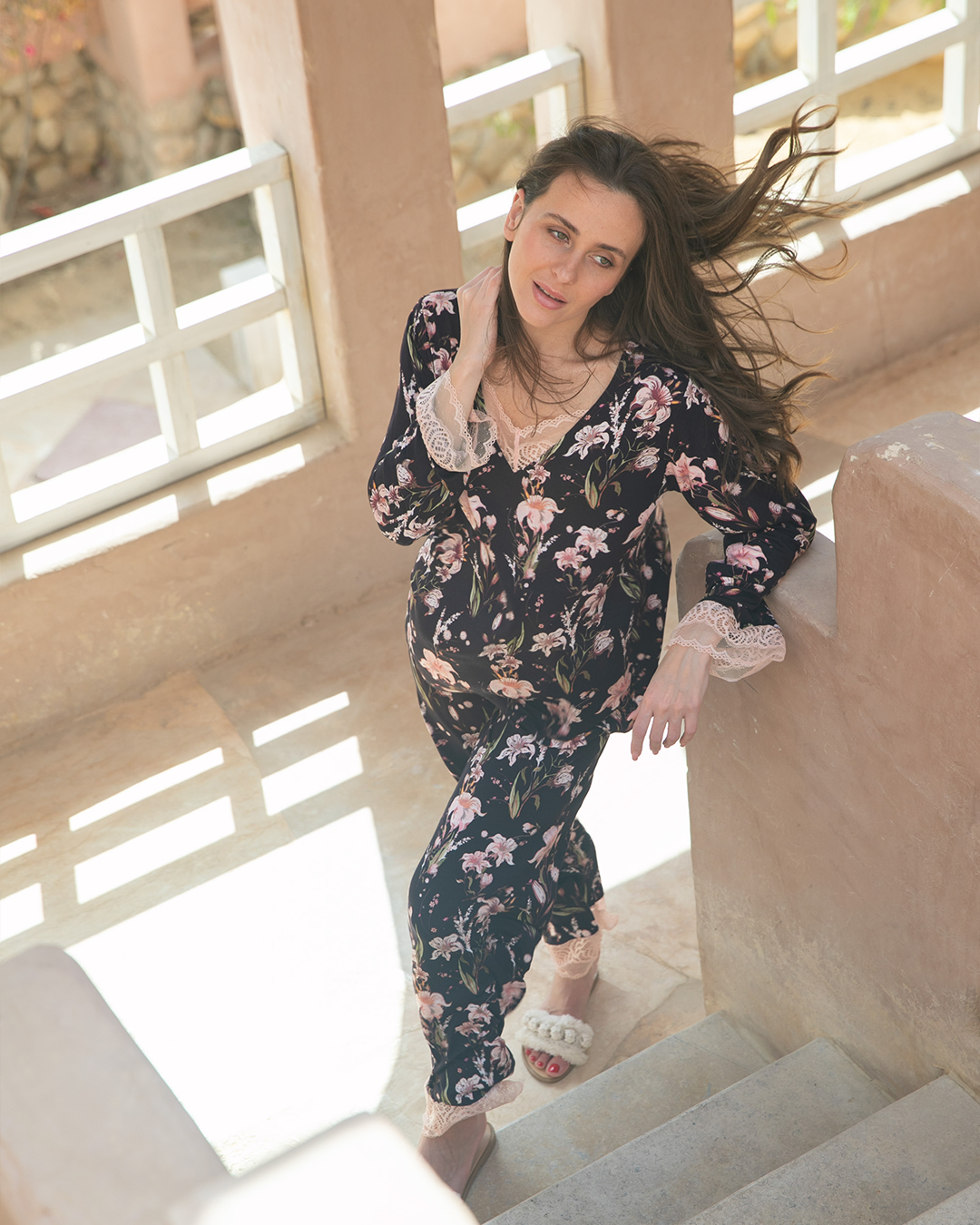 Women's pajamas, seven sleeves, full lace, wooded