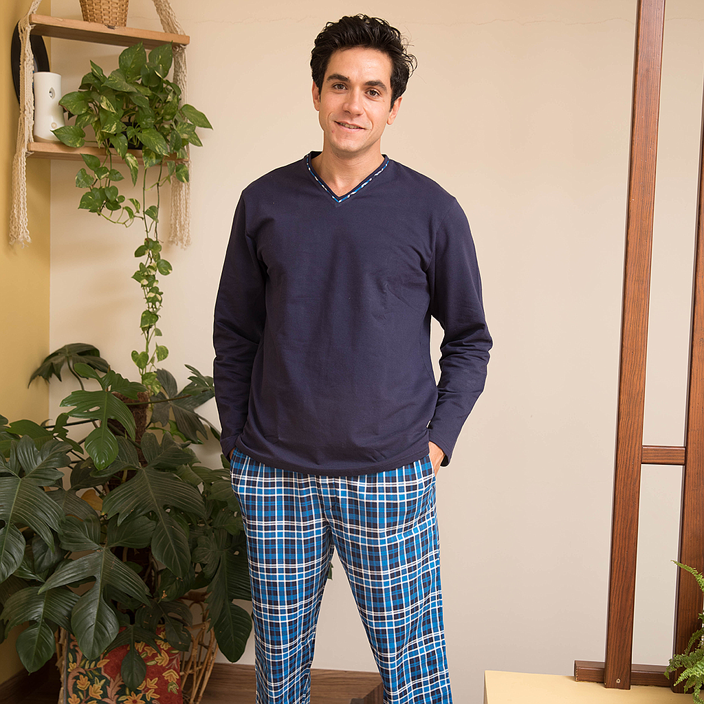 Men's navy blue pajamas with a check print 