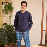 Men's navy blue pajamas with a check print 