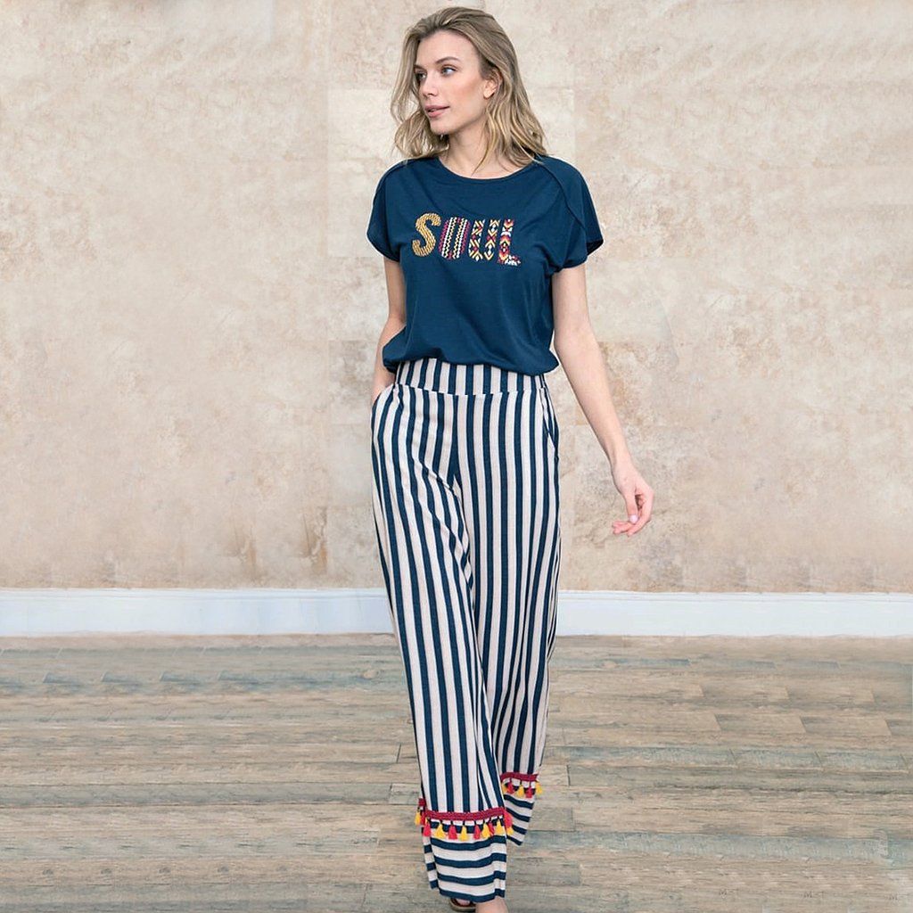 Striped wide soul half sleeve pajama pants 