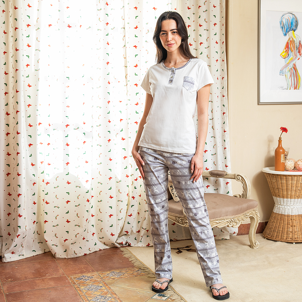 بيجاما بجيب نص كم منقوش