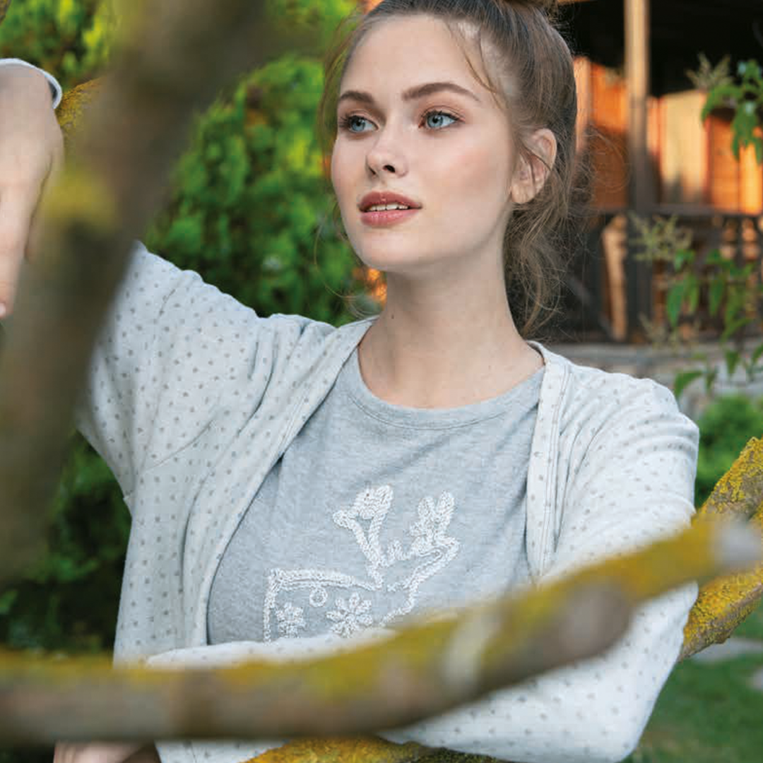 Women's pajamas embroidered deer, 3 pieces, robe