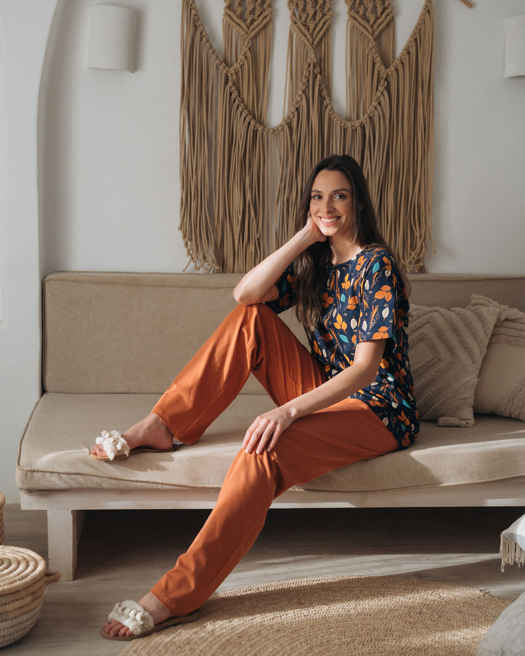 Women's pajamas, half sleeves, polo pants, leaves