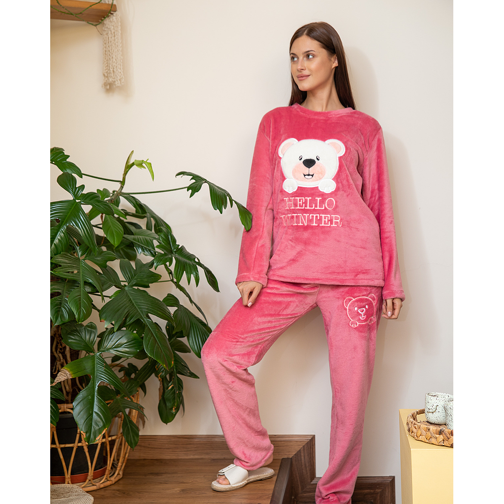 Women's pajamas with polar teddy bear embroidery pants
