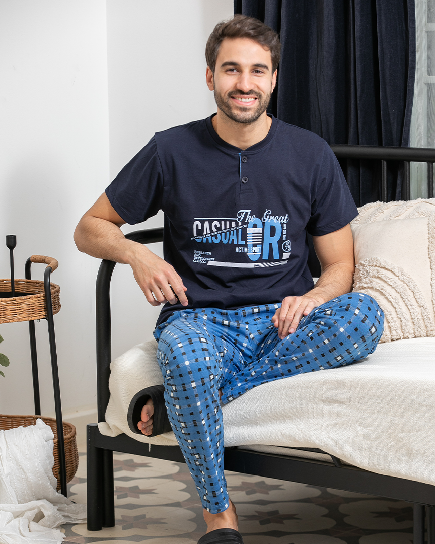 Men's pajamas, half sleeves, polo shirt, trousers