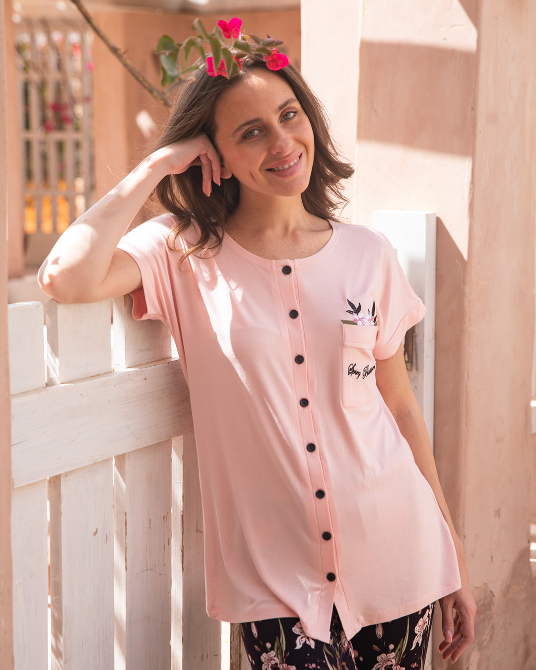 Women's pajamas, half sleeves, embroidered pocket, trouser