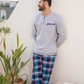 Men's pajamas with a button-up neck and checkered pants
