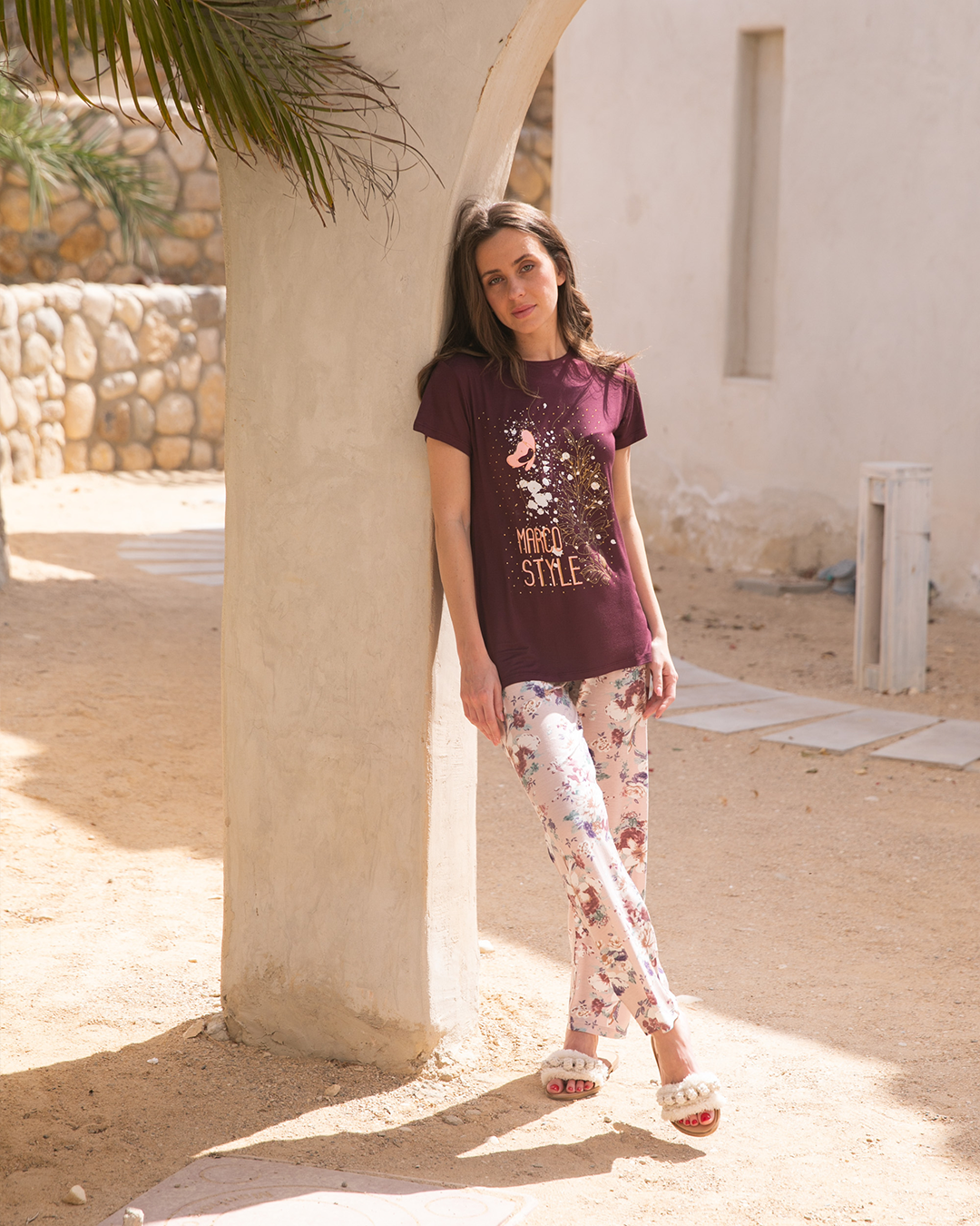 Women's pajamas, half sleeves, trousers, pink trousers