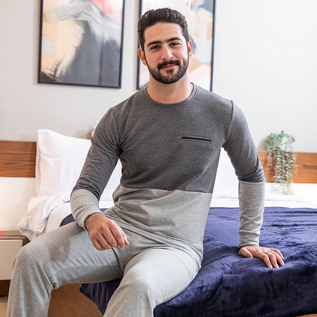 Men's pajamas in two halves with a zipper pocket