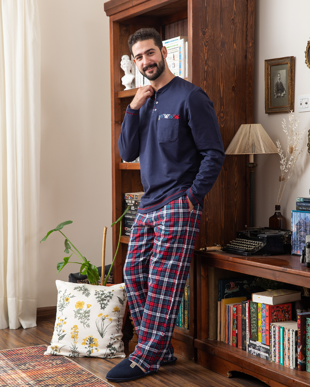 Men's pajamas with a button-up neck and checkered pants