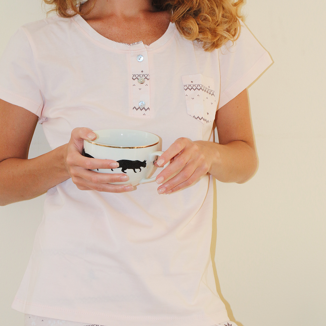 بيجاما بجيب نص كم منقوش