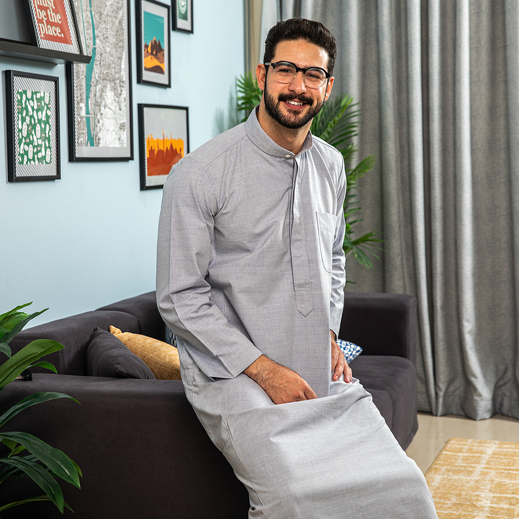 Jalabiya for men, plain, half collar, pocket