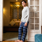 Plain men's pajamas with check pants 