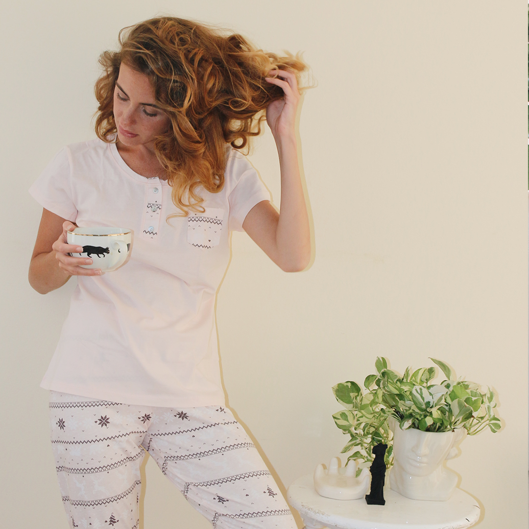 بيجاما بجيب نص كم منقوش