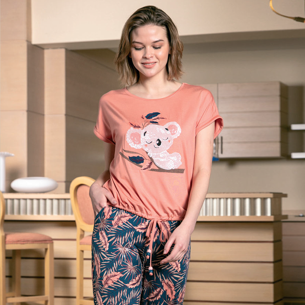 Half sleeve embroidered koala pajama pants