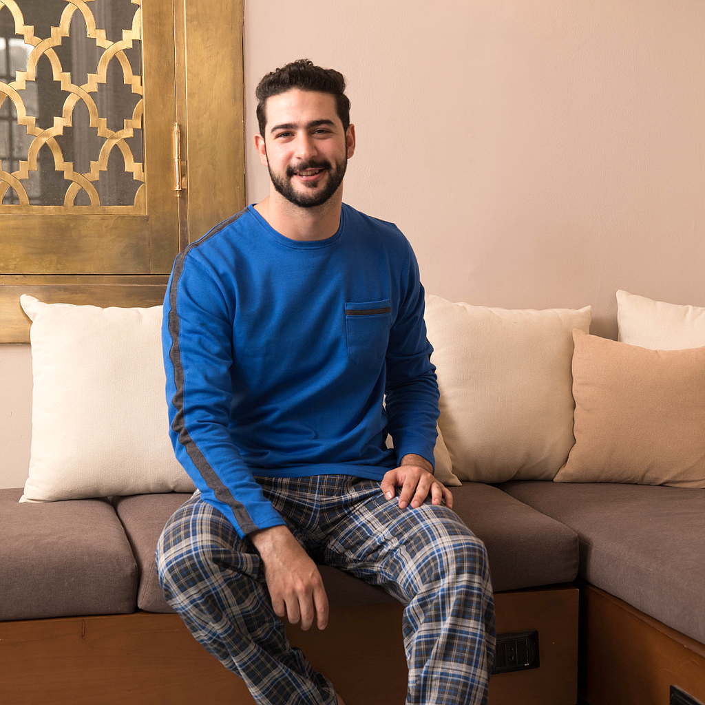 Men's blue and pink pajamas with a check print