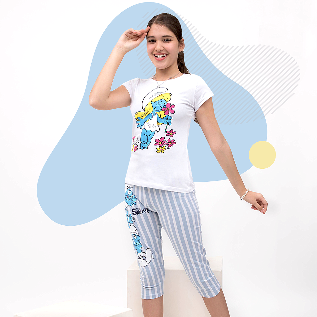 Girls' pajamas, Smurfs, half sleeves, jersey