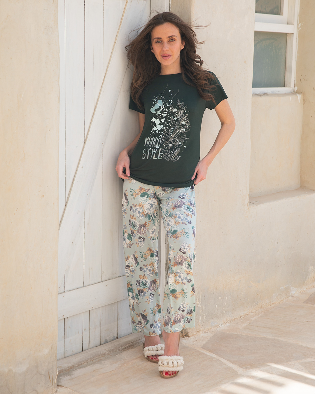 Women's pajamas, half sleeves, trousers, pink trousers