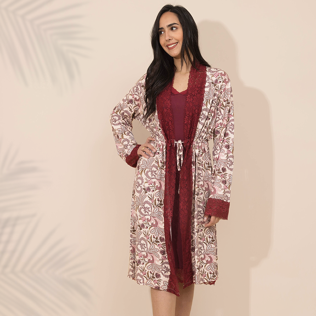 Women's robe with a floral nightgown