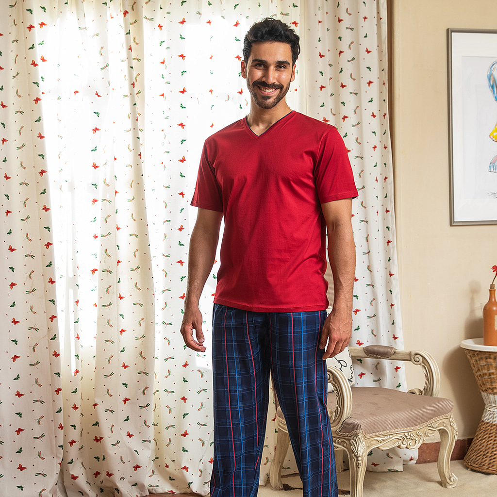 Men's burgundy pajamas with checkered trousers