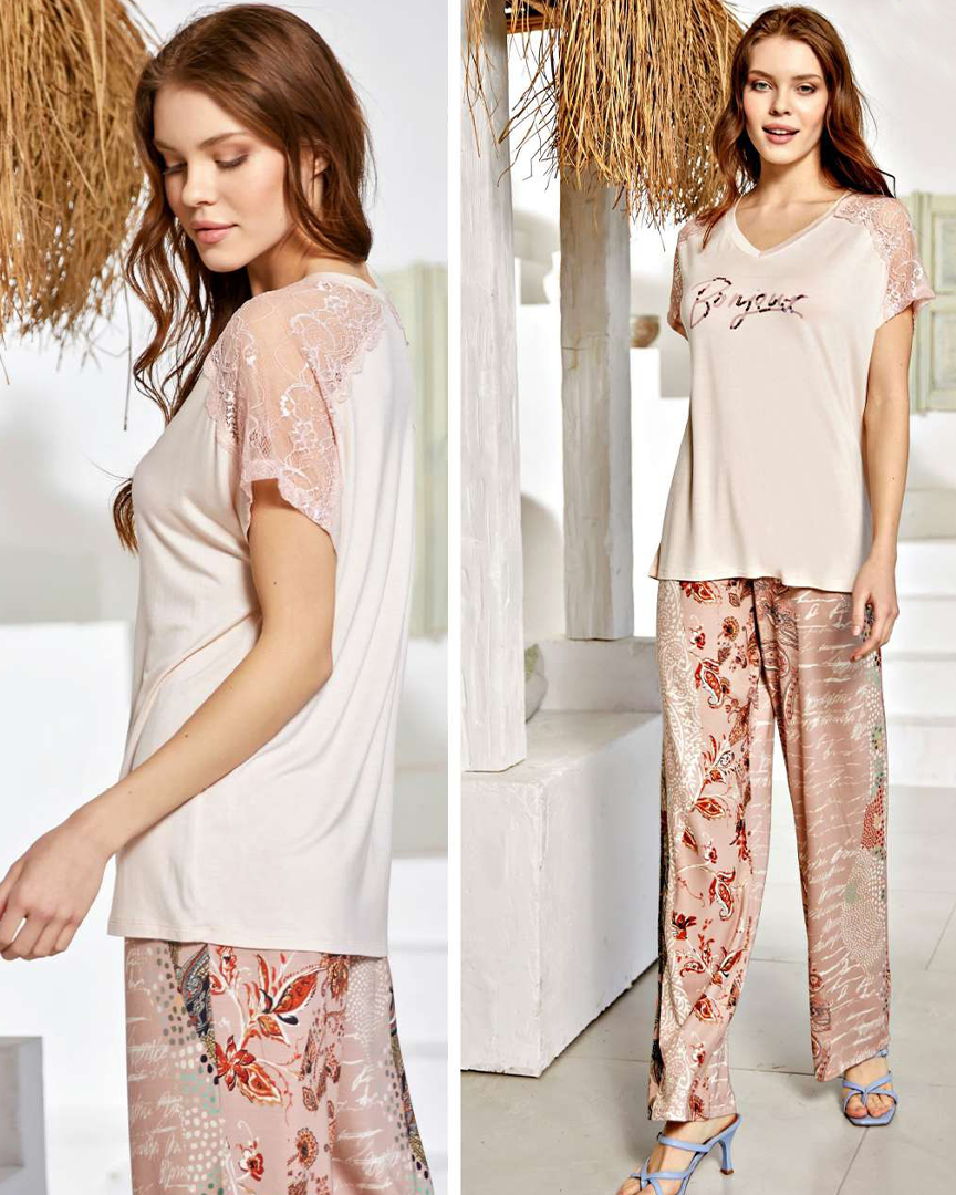 Bonjour بيجامه حريمي بنطلون نص كم دانتيل