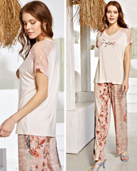 Bonjour بيجامه حريمي بنطلون نص كم دانتيل