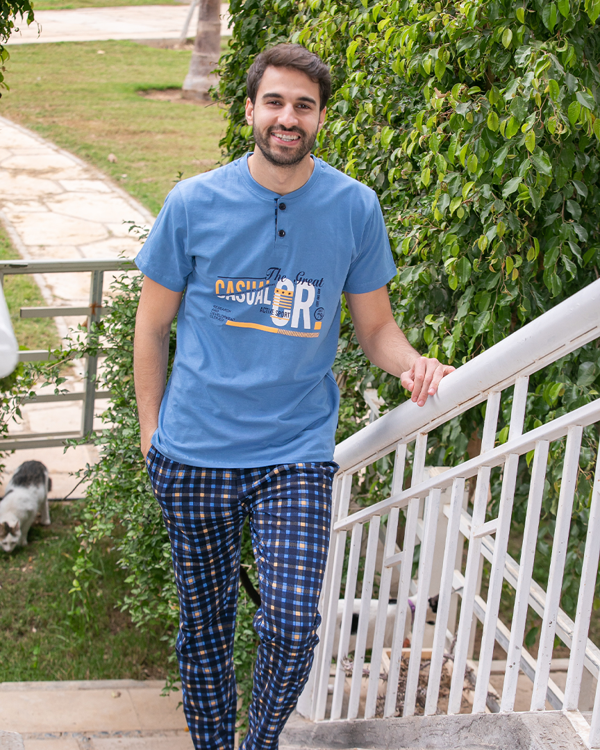 Men's pajamas, half sleeves, polo shirt, trousers